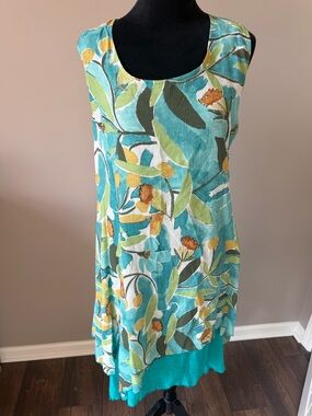 Creation Sleeveless Aqua Floral Lightweight Blend Midi Dress Large